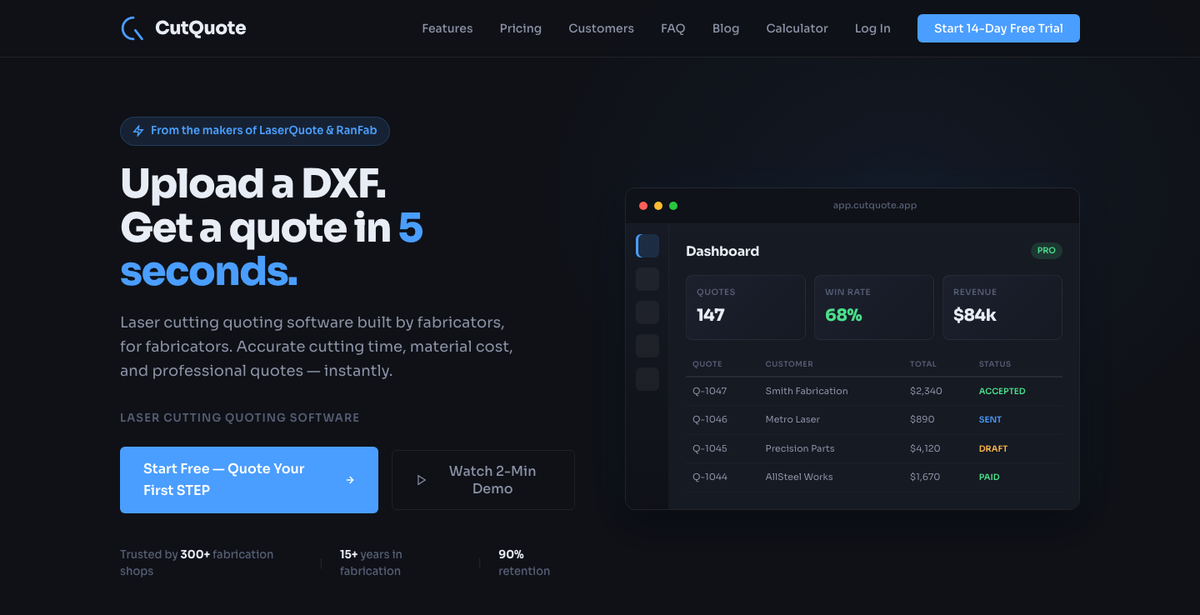 CutQuote interface